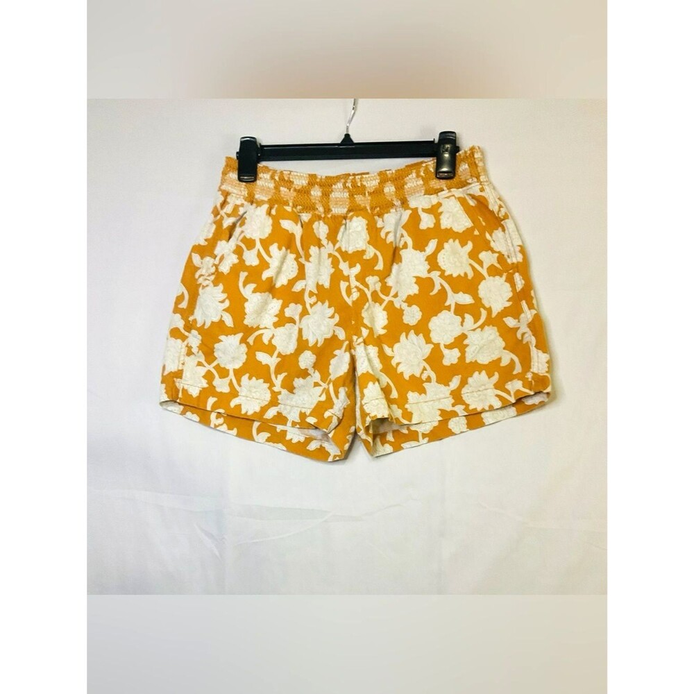 Briggs Coastal Linen Blend Floral Smocked Waist Shorts M Mustard Yellow White
